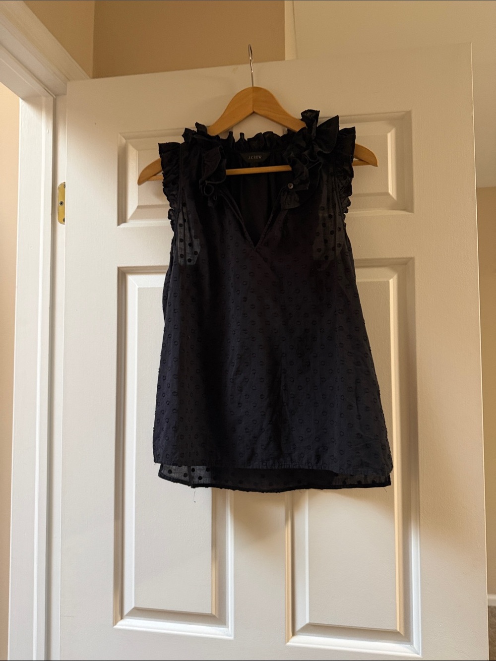 J. Crew Black Ruffle Swiss Dot Sleeveless Blouse